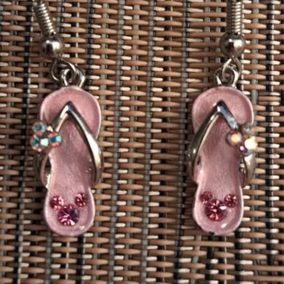 Disney Flip Flop Pink Crystal Enamel Dangle Pierced Earrings - Picture 4 of 7